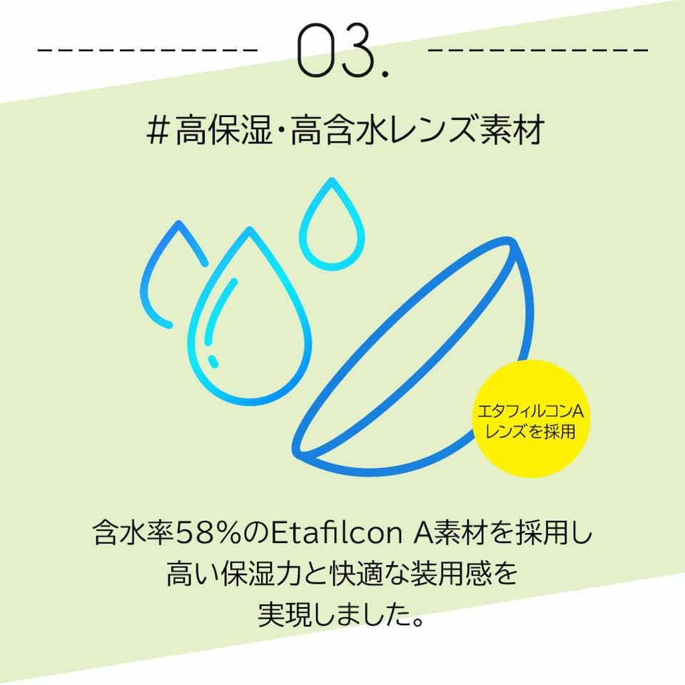 遠近両用コンタクトレンズ「ピュアアイズワンデーマルチフォーカル」の特徴-高保湿・高含水レンズ素材採用で、1日中快適な装用感続く
